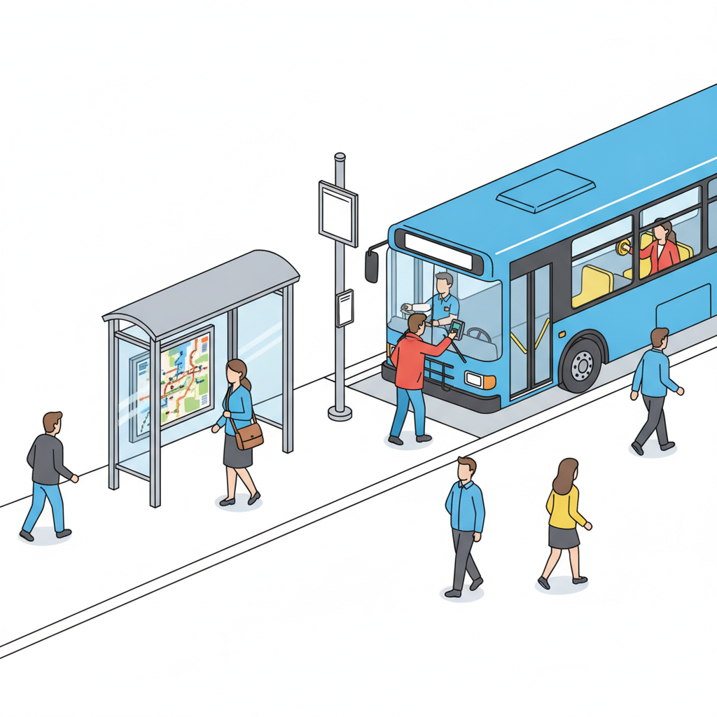 A bustling urban sidewalk during the morning rush. Commuters stand near a metal bus stop shelter. A woman is examining a large route map mounted on the glass. A bright blue city bus with 'Downtown' on its digital display pulls up to the curb. The driver is visible through the windshield, pulling a lever to open the front doors. One passenger is stepping up to get on the vehicle. Inside the open door, a man is holding a transit card against an electronic reader to tap on. Another passenger sits in a plastic seat while reaching for a yellow stop button on the wall. A printed schedule is attached to a pole nearby.