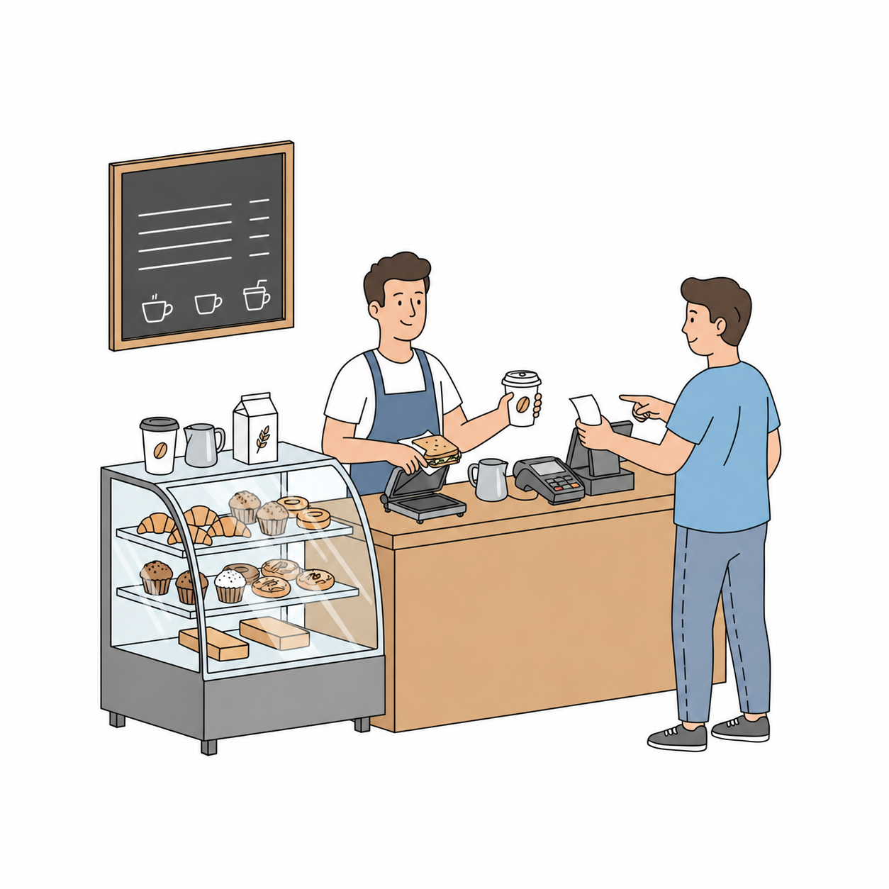 In a sunlit neighborhood coffee shop on a busy weekday morning, a barista stands behind a wooden counter. Above, a chalkboard menu lists specialty drinks while a glass display case beside him is filled with fresh pastries. A customer stands at the counter, pointing as she prepares to order. On the counter sits a paper cup with a secure lid and a digital card reader ready for a tap. The barista is about to heat up a breakfast sandwich while the customer holds a small paper receipt in her hand after her pay by card transaction. The scene shows the exact moment she will pick up her drink after the barista finishes the oat milk latte and asks if she needs anything else.