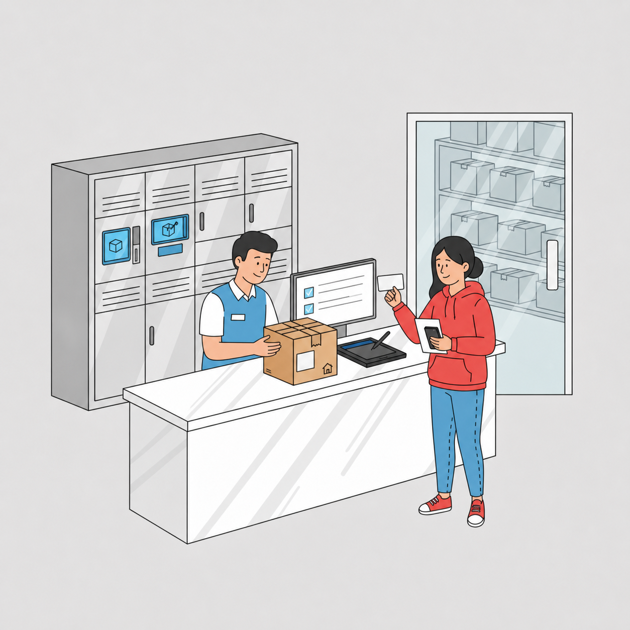 A brightly lit apartment lobby during a weekday evening. A resident in casual attire stands at the front desk, holding a paper delivery notice and a smartphone while reaching out to pick up a package. She is in the process of showing her driver's license to the attendant to show ID. The attendant, wearing a uniform, leans over the marble counter to check the name and address on the shipping label of the box. Next to the desk, a wall of metallic parcel locker units glows with a screen where residents can scan the code to retrieve their items. The resident is prepared to sign for the delivery on a digital pad for a signature. In the background, the secure glass door of the mailroom is visible, and the attendant's screen shows the tracking number and proof of delivery for the resident's items. The scene indicates a space where couriers frequently deliver to various units.