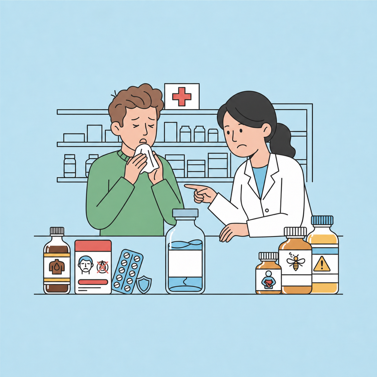 A single coherent interaction at a North American community pharmacy over-the-counter consultation counter in the early evening. One adult customer holds a tissue and gestures to a sore throat while coughing gently; one pharmacist listens and points to a completely blank medicine-bottle label. Clearly show one bottle of cough syrup, one blister pack of tablets, one generic pain-reliever box, and one medicine bottle, all with pictograms only and absolutely no words, letters, numbers, dosage marks, certificates, prescriptions, receipts, dotted boxes, callout frames, or printed labels. The pharmacist is visibly answering the customer’s question rather than prescribing or diagnosing. Wide organized educational vector composition with separated objects and clear space for app-added labels.