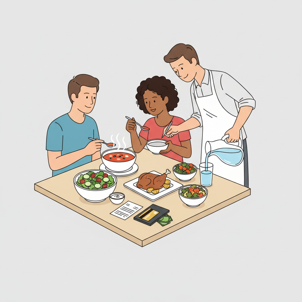 A bright sunlit neighborhood bistro during the lunch rush. Two friends, Liam and Maya, are seated at a wooden table. A server is leaning over, pen in hand, as Maya points to a glossy menu to place her order. Liam is using a spoon to share a steaming bowl of soup with Maya. On the table, a large salad with a side cup of creamy dressing is placed next to a hearty main course and a small side dish of roasted vegetables. The server is pouring water into a glass for a refill. Near the edge of the table, Liam is carefully reviewing the paper check and preparing to split the bill by placing a credit card and a cash tip inside the bill folder.